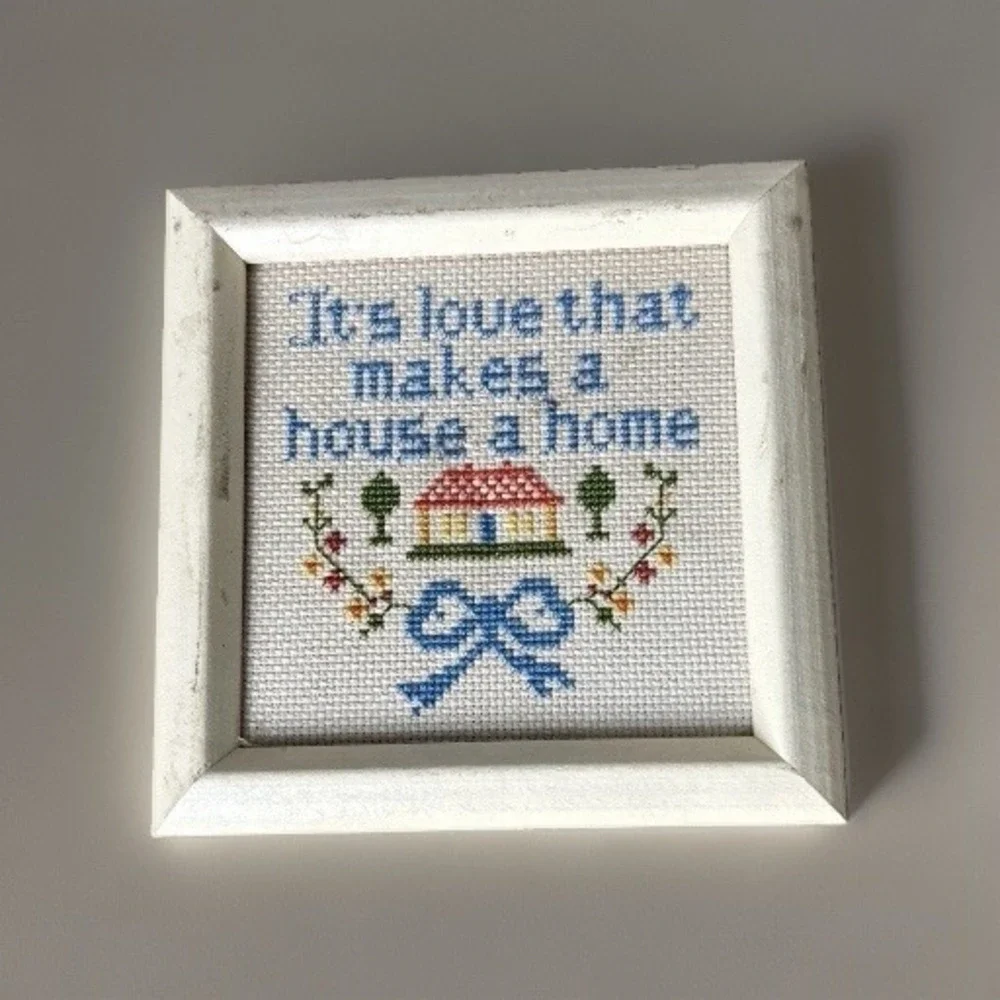 Vintage Framed Cross Stitch Its Love That Makes A House A Home Folk Art Decor